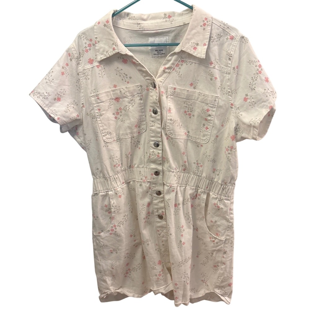 Celebrity Pink Women XXL White Floral Button Front Romper Short Sleeve Pockets